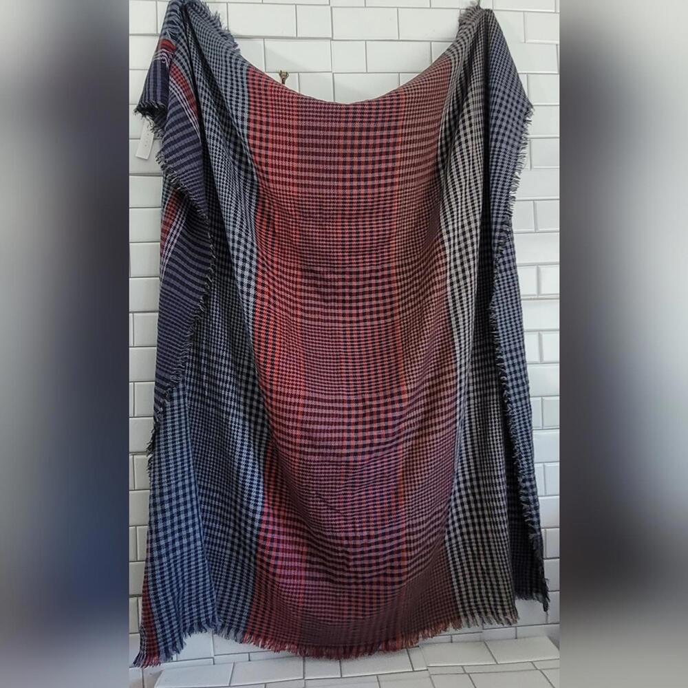 LEITH Navy Blue Red Plaid Large Square Scarf Shawl Wrap